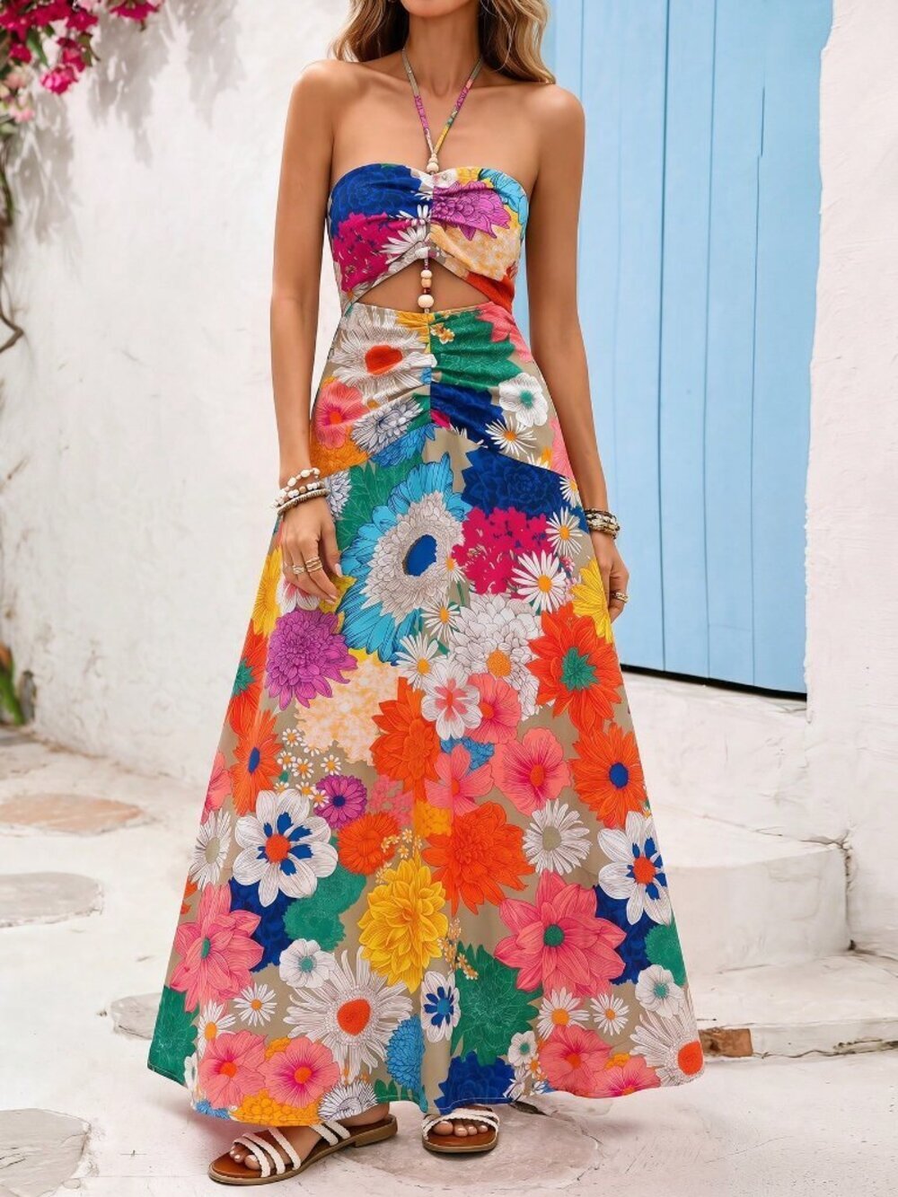 Multicolor Boho Women's Vacation floral Printed Halter Neck Dress - Picture 5 of 7